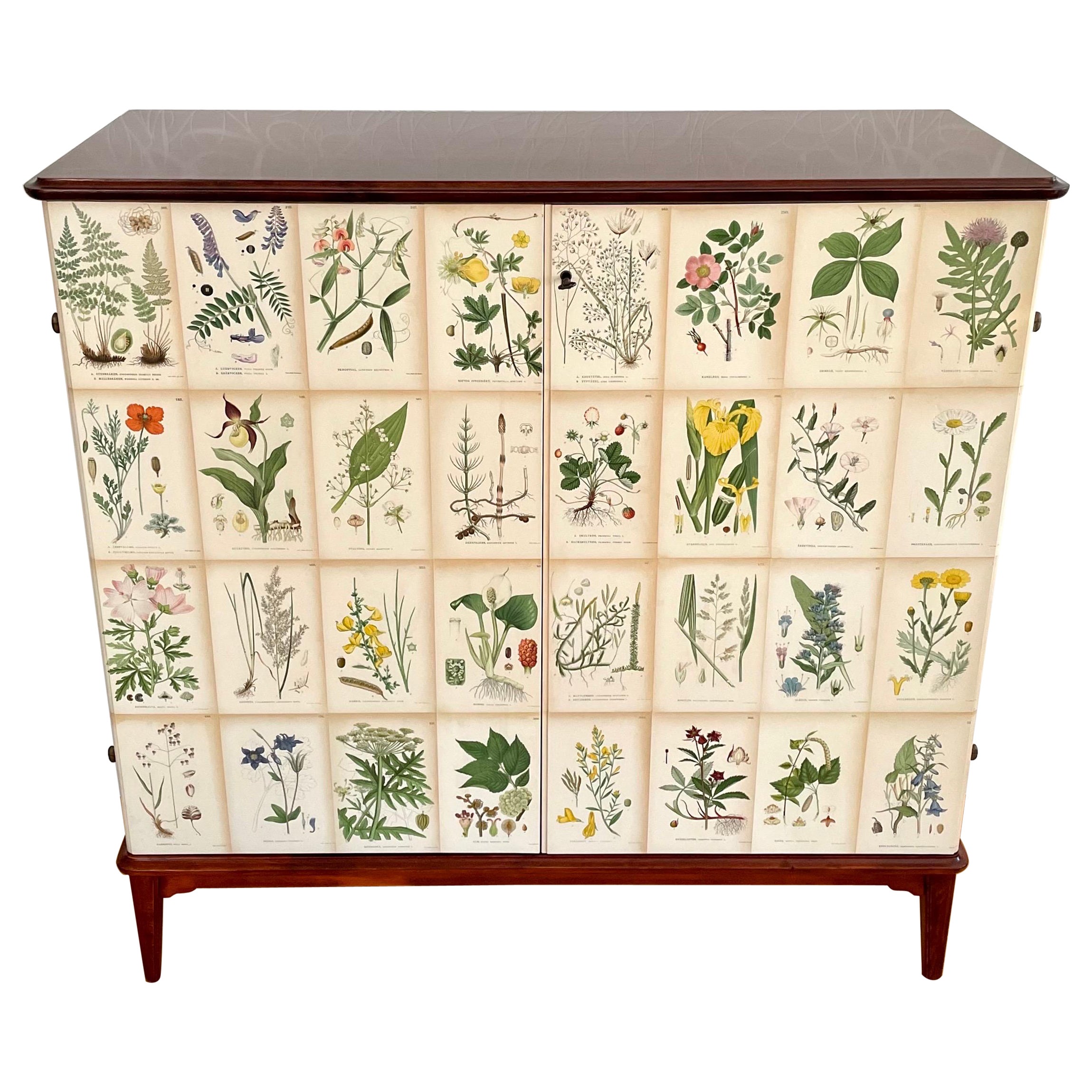 Swedish Modern 1950s Mahogny Cabinet with Nordens Flora (Nordic Flowers) Decor 
 For Sale