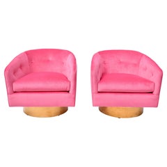 Milo Baughman Swivel Lounge Chairs on Brass Base With Pink Velvet