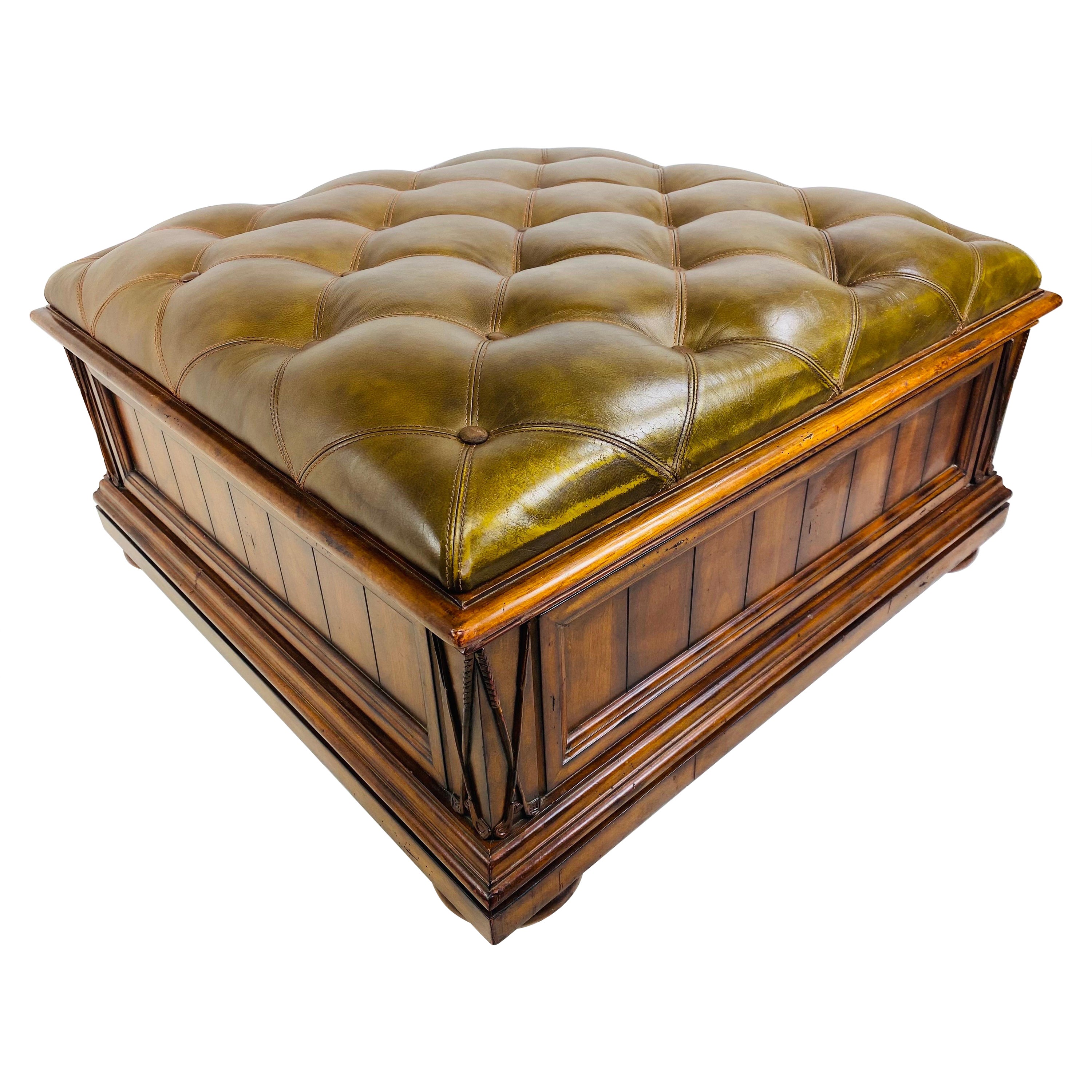 Handsome oversized tufted leather ottoman/trunk after Ralph Lauren For Sale
