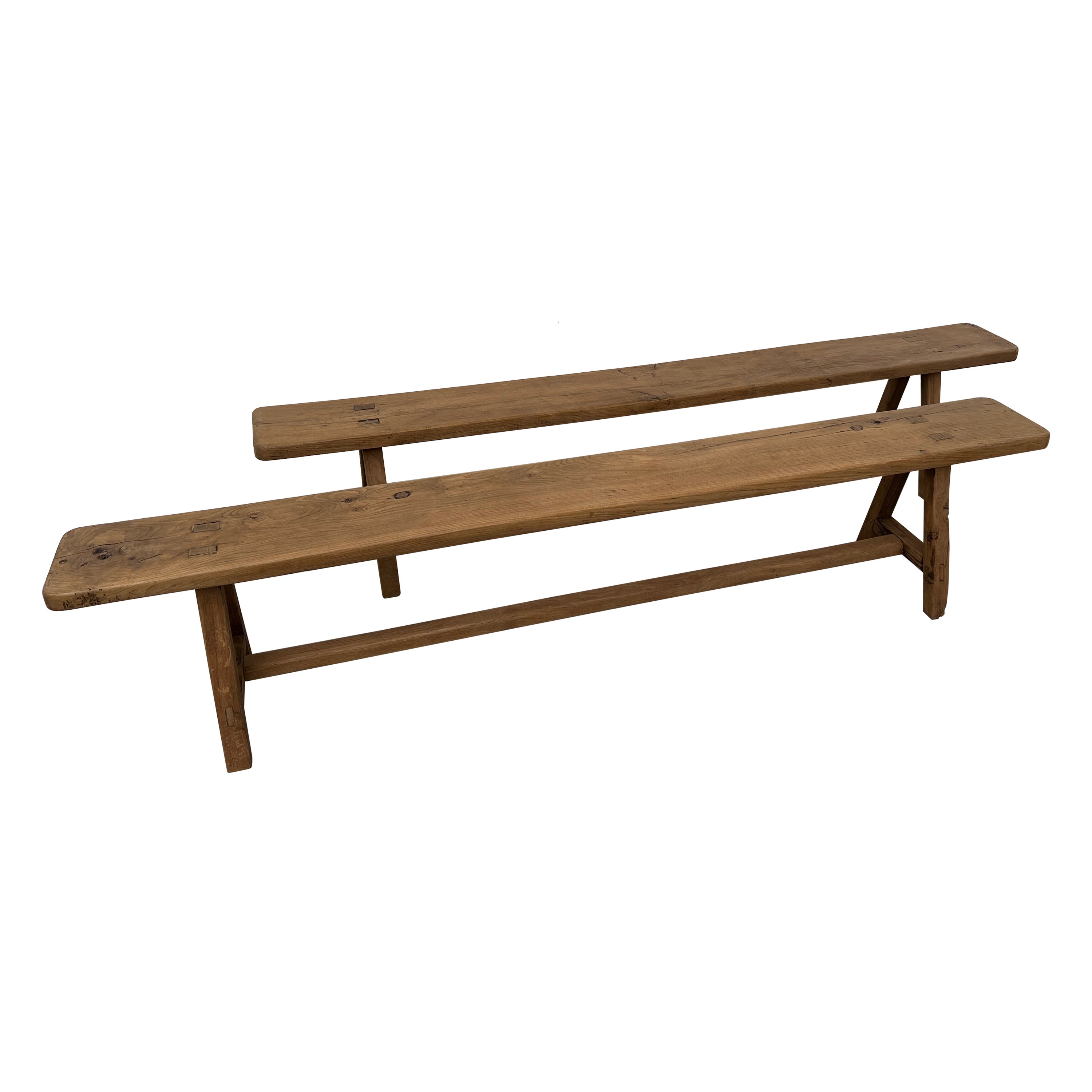 French mid-century benches in oak, fully restored from the 50's For Sale
