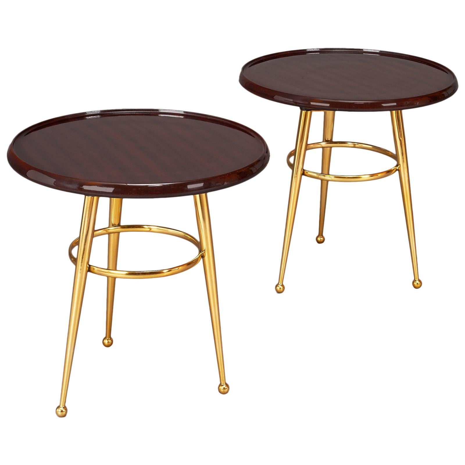 Pair of Mahogany Topped Brass 1950s Side Tables