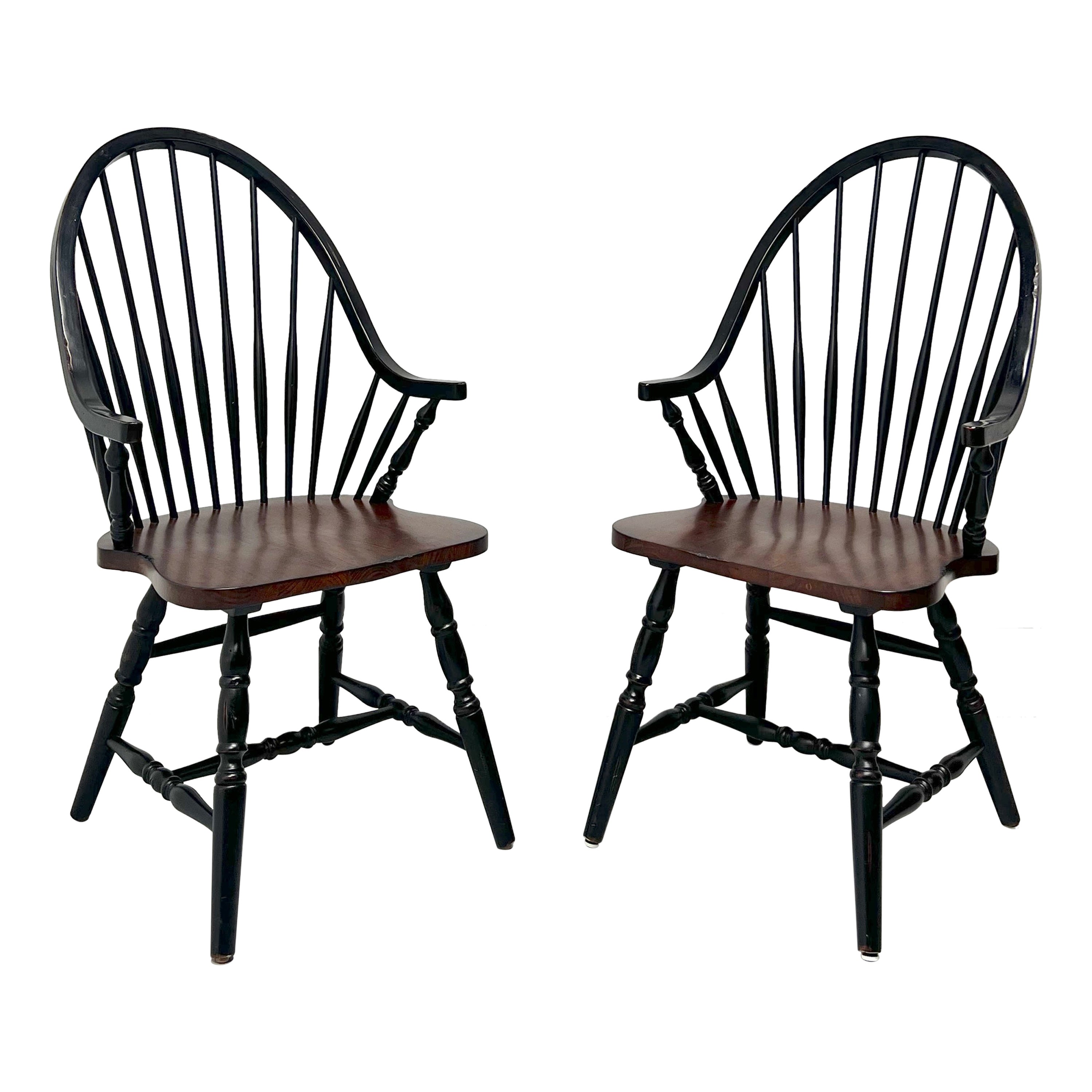 Late 20th Century Distressed Black Windsor Armchairs - Pair For Sale