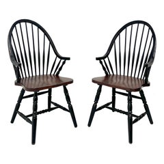 Late 20th Century Distressed Black Windsor Armchairs - Pair