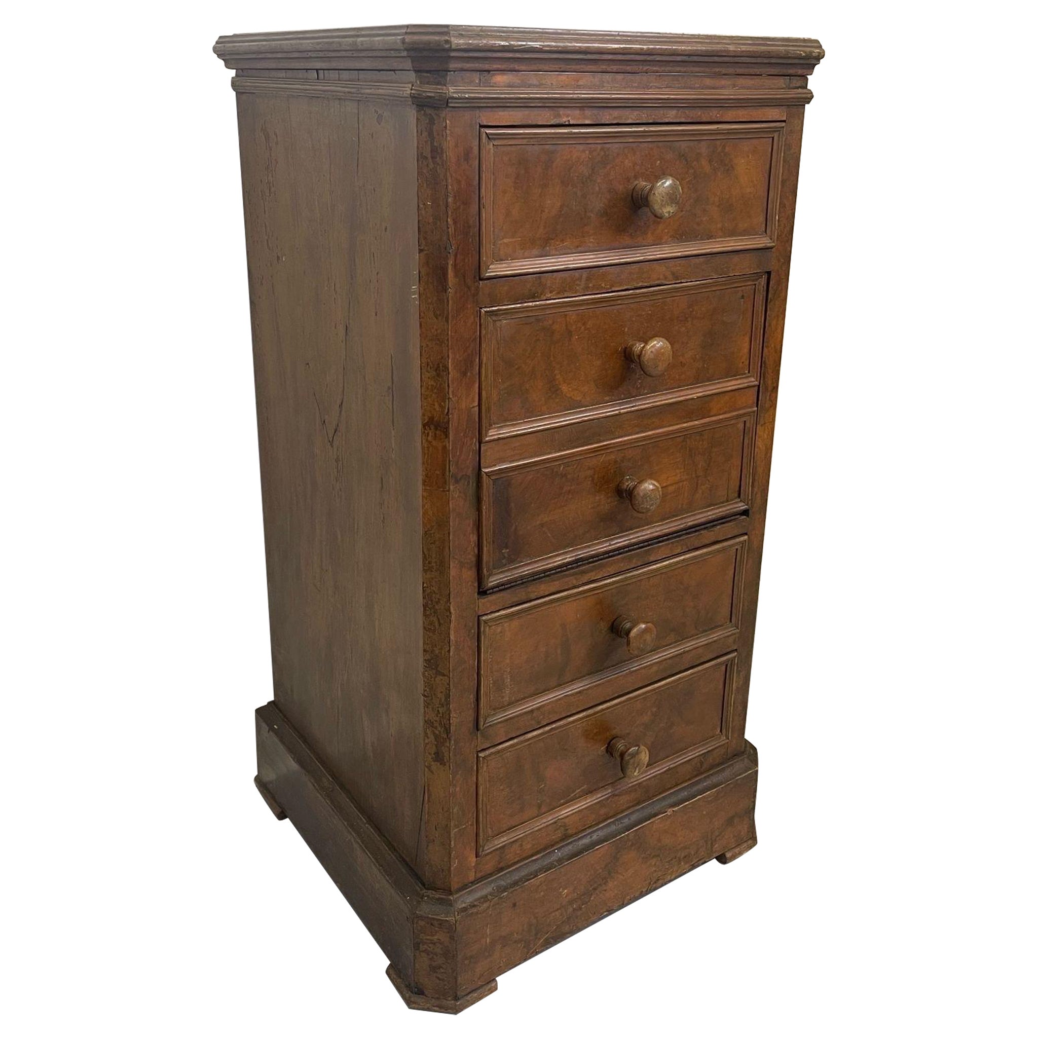 Vintage French Style Burl Wood Cabinet Nightstand With Marble Top. For Sale