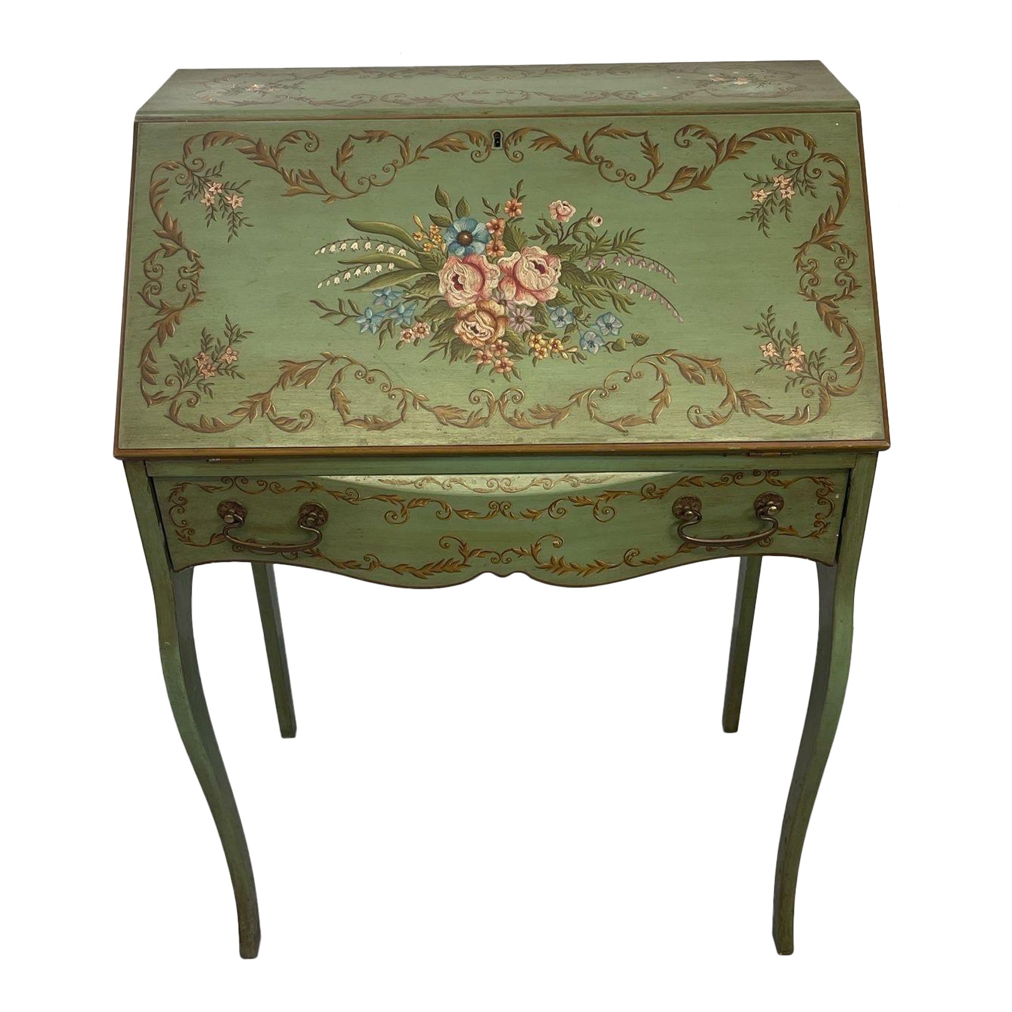 Vintage French Regency Style Bureau Desk With HandPainted Floral Motif and chair For Sale