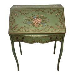 Retro French Regency Style Bureau Desk With HandPainted Floral Motif and chair