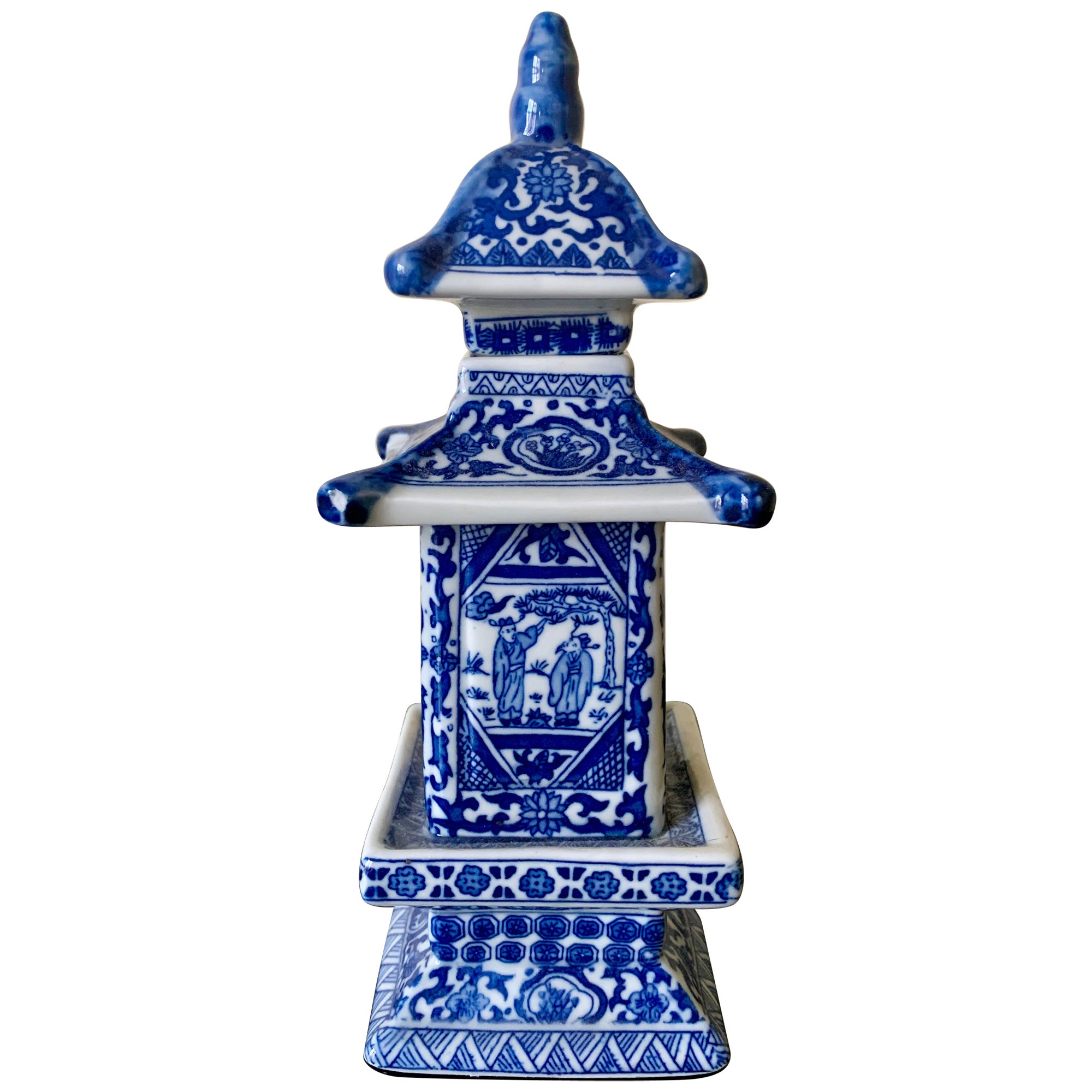 Chinoiserie Blue & White Porcelain Pagoda Jar For Sale