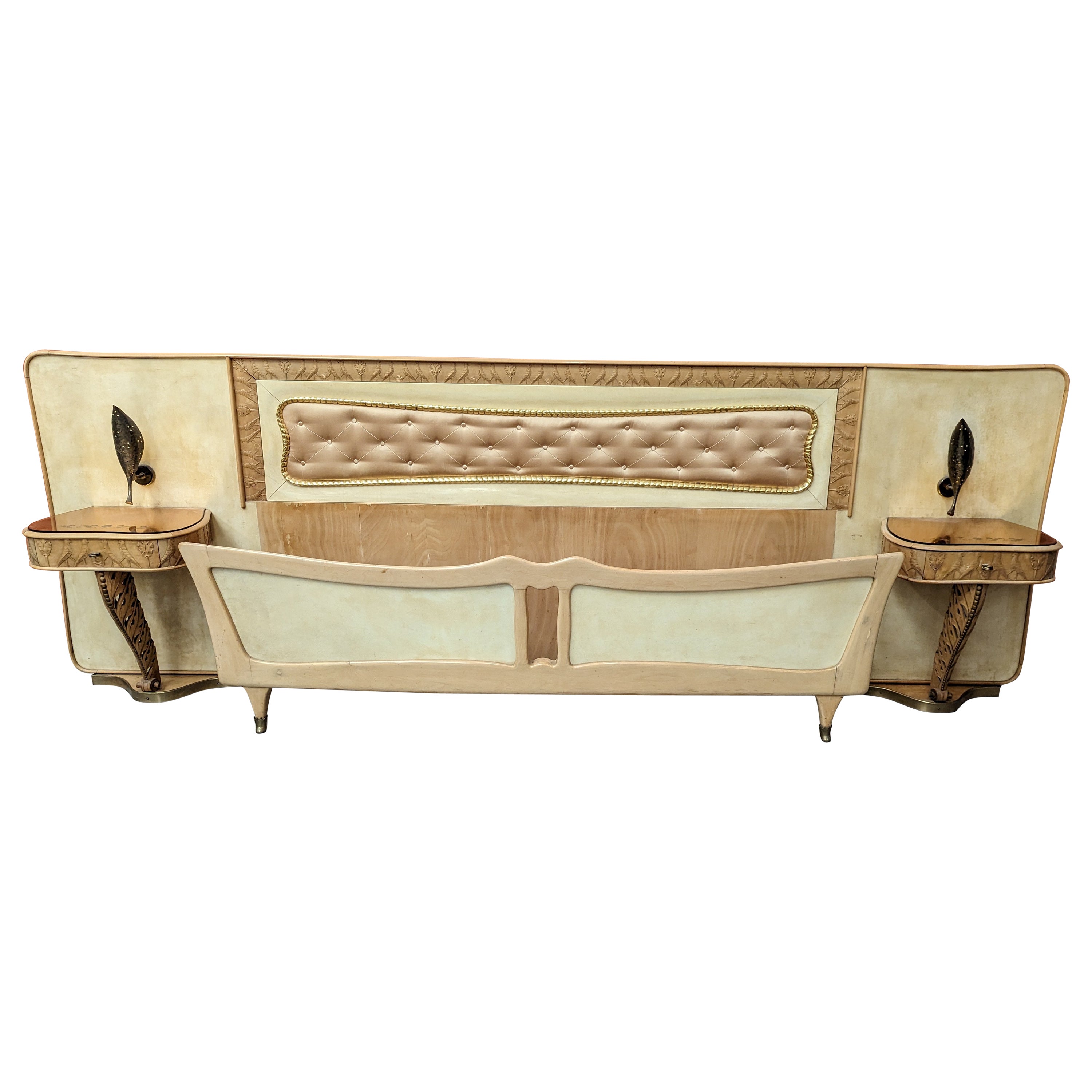 Italian Midcentury Bed with Night Stands in Parchment by Pierluigi Colli, 1950s For Sale