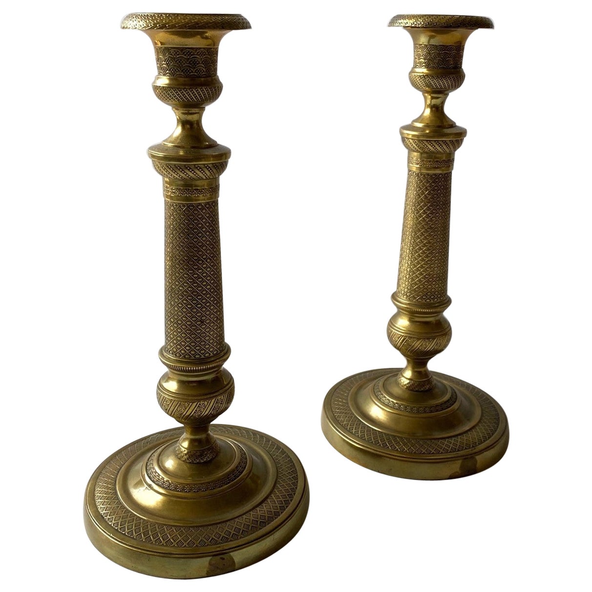 Heavily Engraved Brass English Candlesticks Set of 2 For Sale