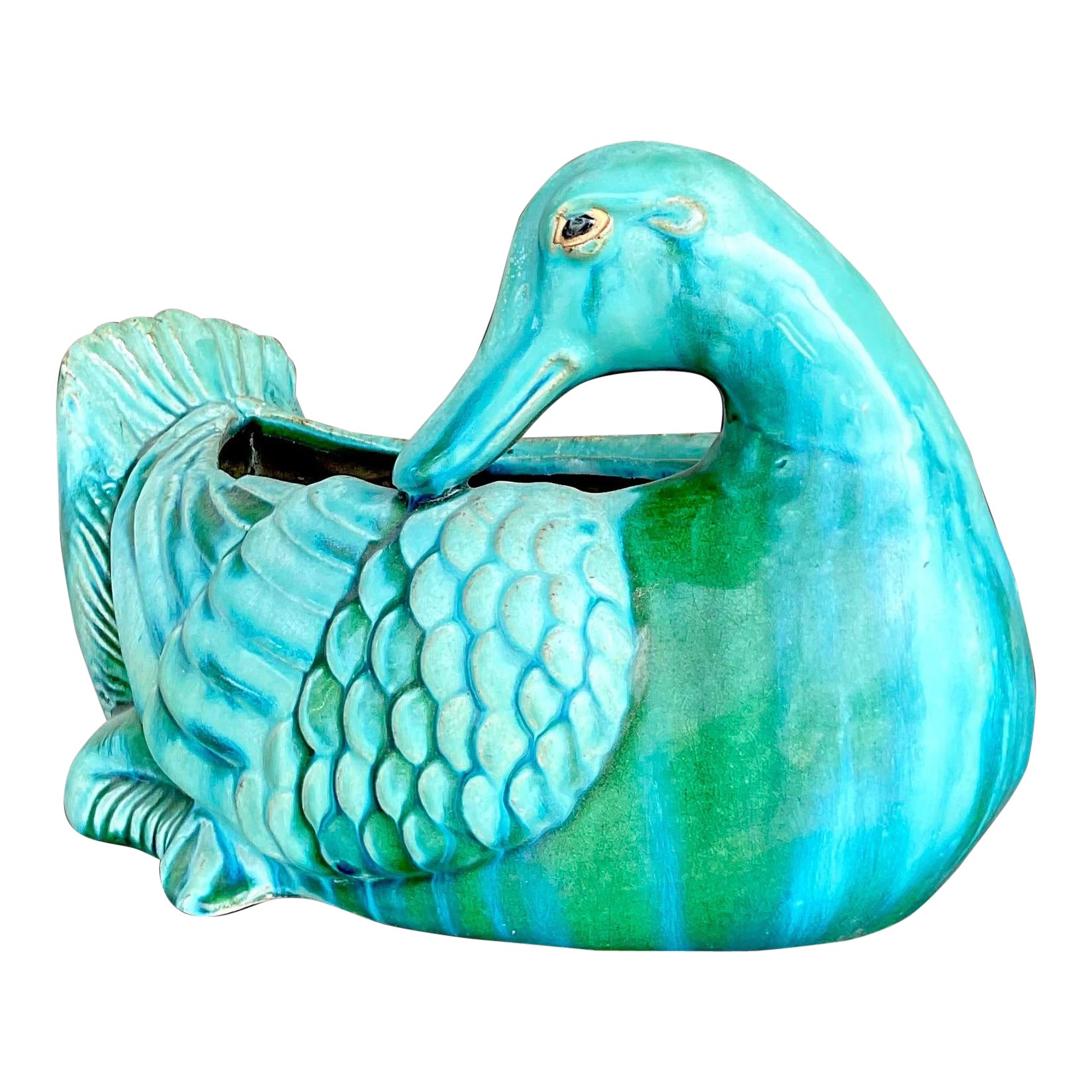 Vintage Boho Glazed Ceramic Duck Planter For Sale