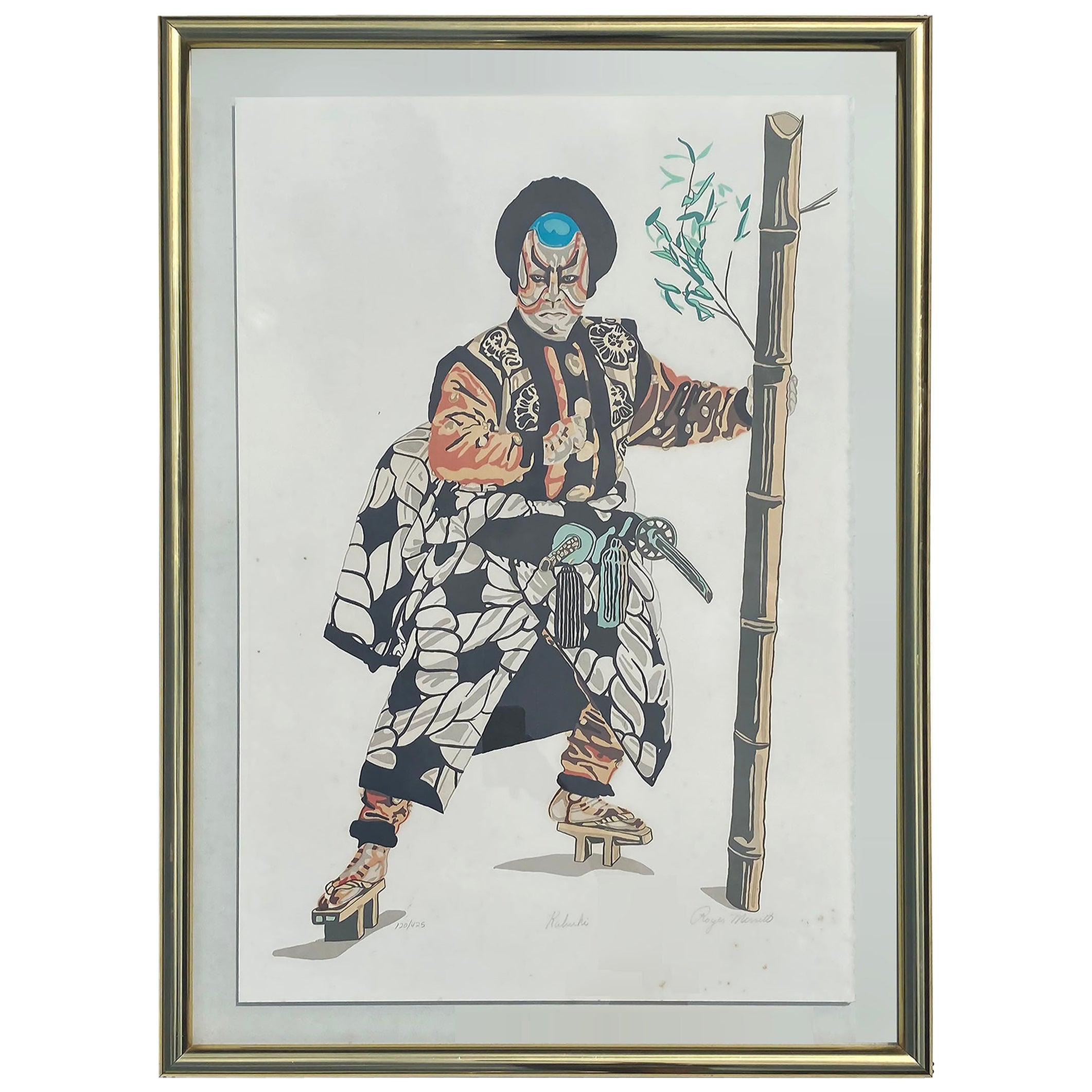 Lithographie en couleurs d'un personnage du théâtre japonais Kabuki, signée et numérotée au crayon  en vente