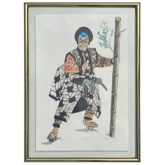Retro Color Lithograph of Japanese Kabuki Theater Figure, Pencil Signed and Numbered 
