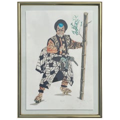 Color Lithograph of Japanese Kabuki Theater Figure, Pencil Signed and Numbered