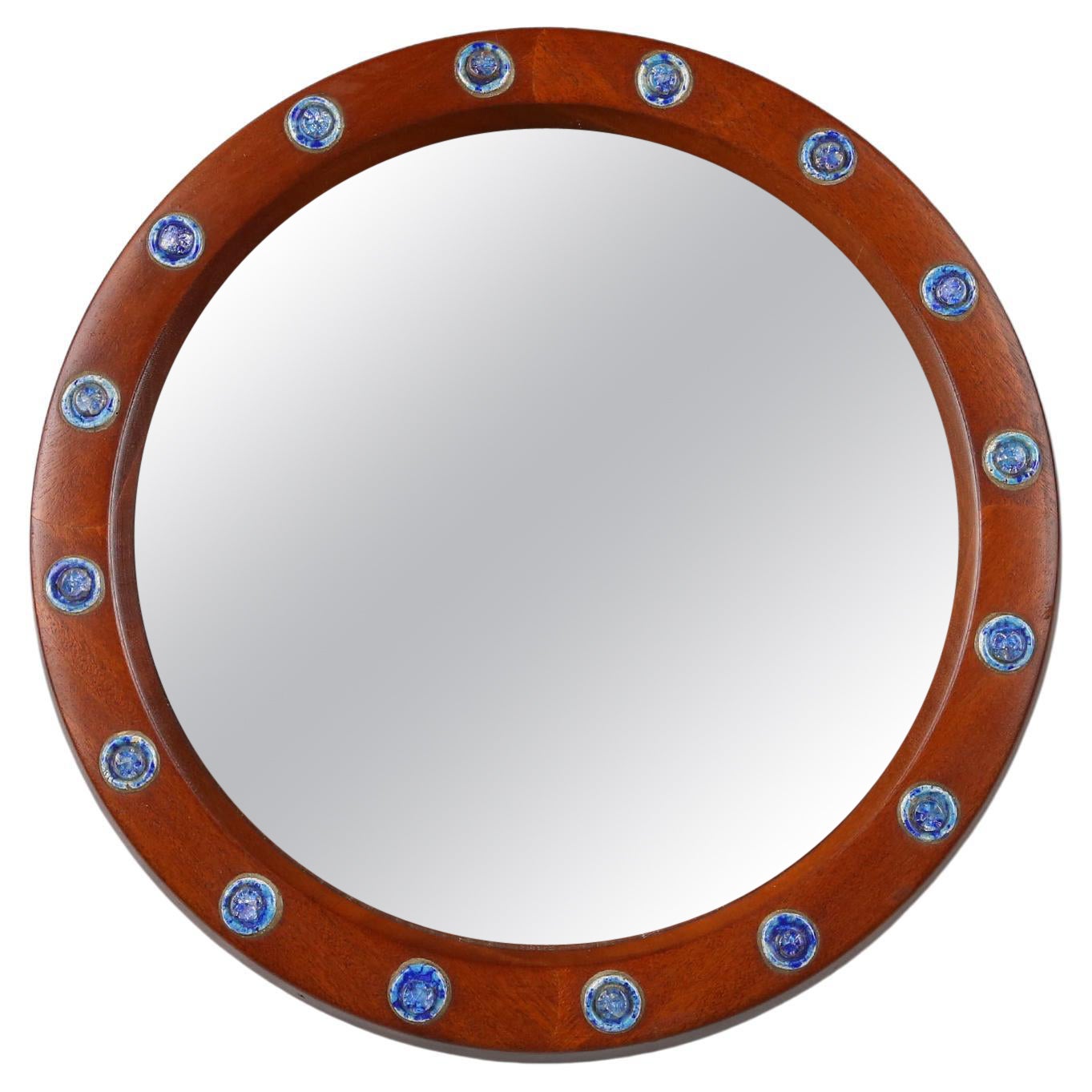 French round wooden mirror with elegant blue and white glass decoration, 1960s For Sale