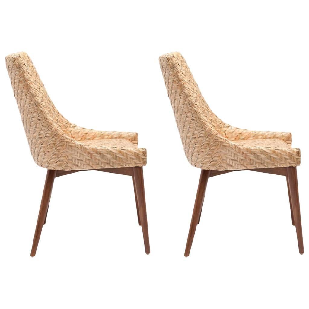 Pair of Modern Seagrass and Cherrywood Chairs For Sale