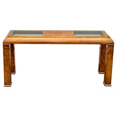 1970s Mid Century Modern Burlwood Parsons Console Table with Smoked Glass Top