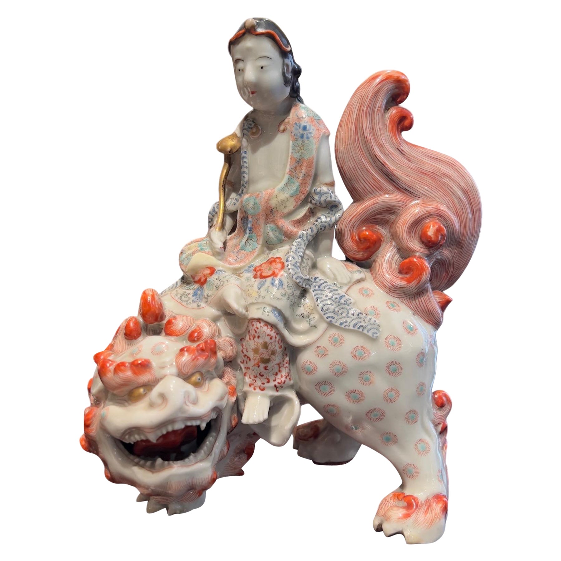 Japan, A rare Japanese Kutani figure of Kannon on a Foo Lion, Meiji Period, 19th