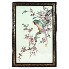 Chinese Porcelain Framed Famille Rose Plaque of Long Tailed Hawk on a Rose Tree