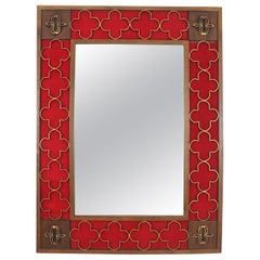Spanish Colonial Wood Rectangular Mirror, Gilt Iron Rosettes & Red Velvet Frame