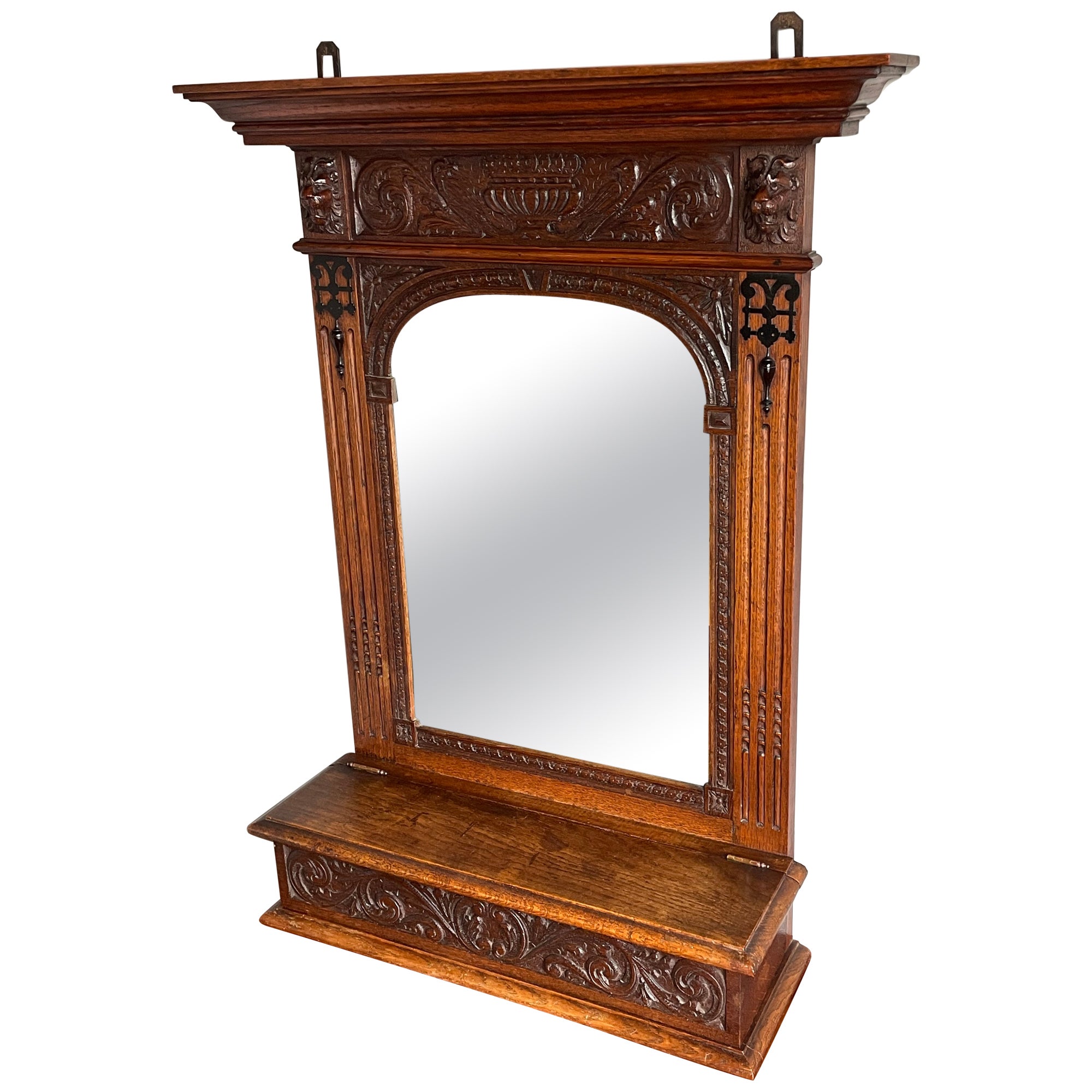 Hand Carved Renaissance Revival Wall Mirror with Lidded Gloves & Scarf Box 1890s