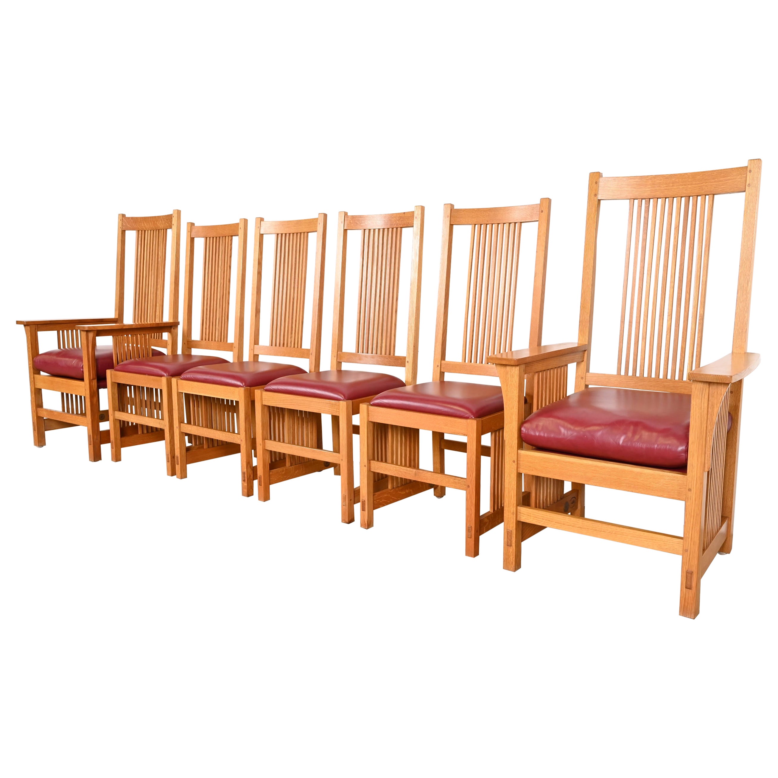 Stickley Mission Oak Arts & Crafts Spindle Dining Chairs, Set of Six For Sale