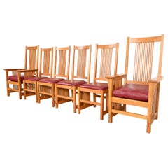 Retro Stickley Mission Oak Arts & Crafts Spindle Dining Chairs, Set of Six
