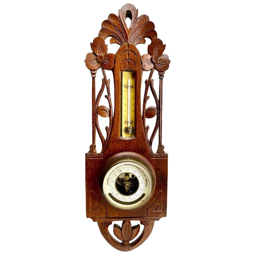 Wall-Mounted Weather Station in Art Nouveau Style Carved Oak By Grand Bazar For Sale