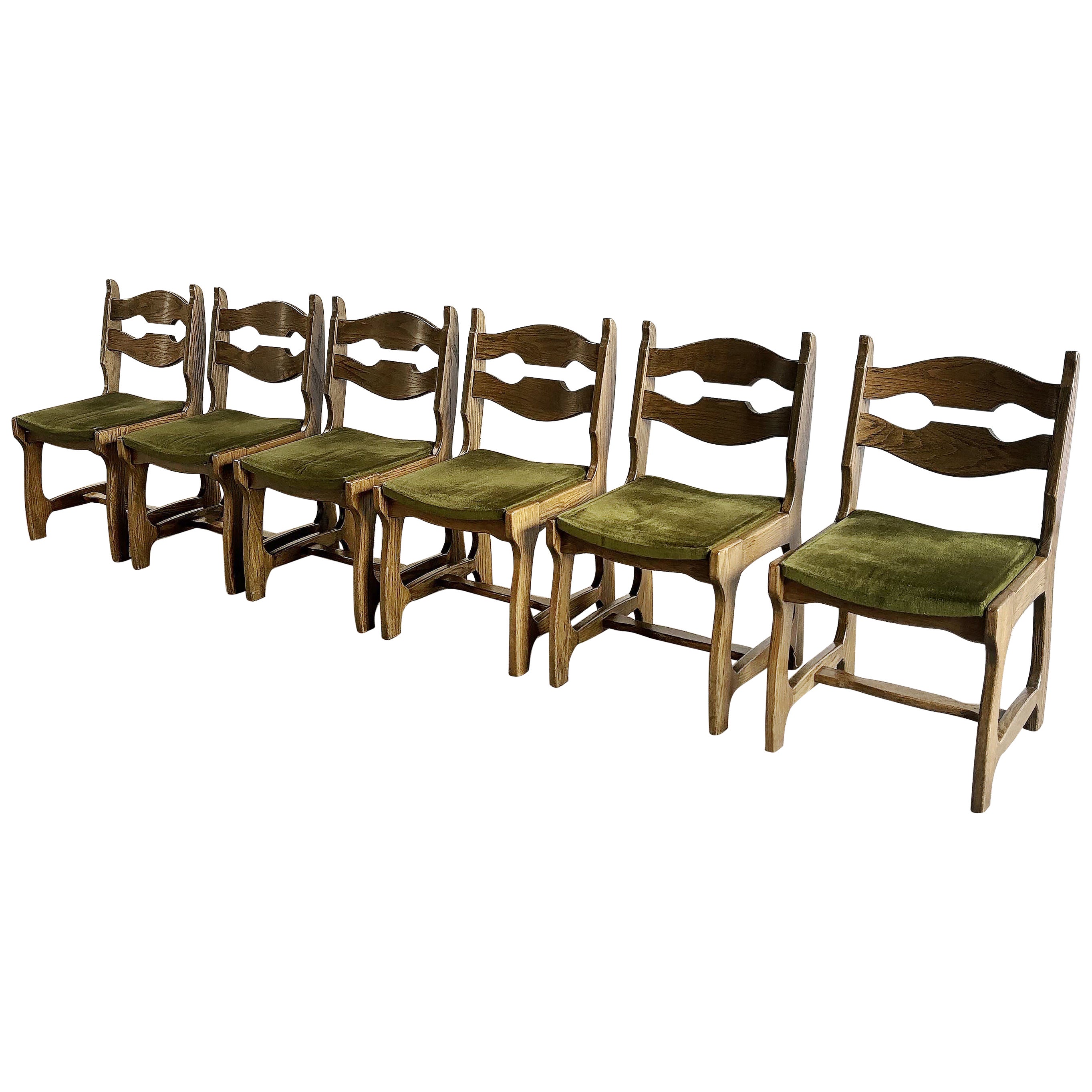 Dining Chairs in Wood and Fabric by Guillerme Et Chambron, 1950s, Set of 6 For Sale