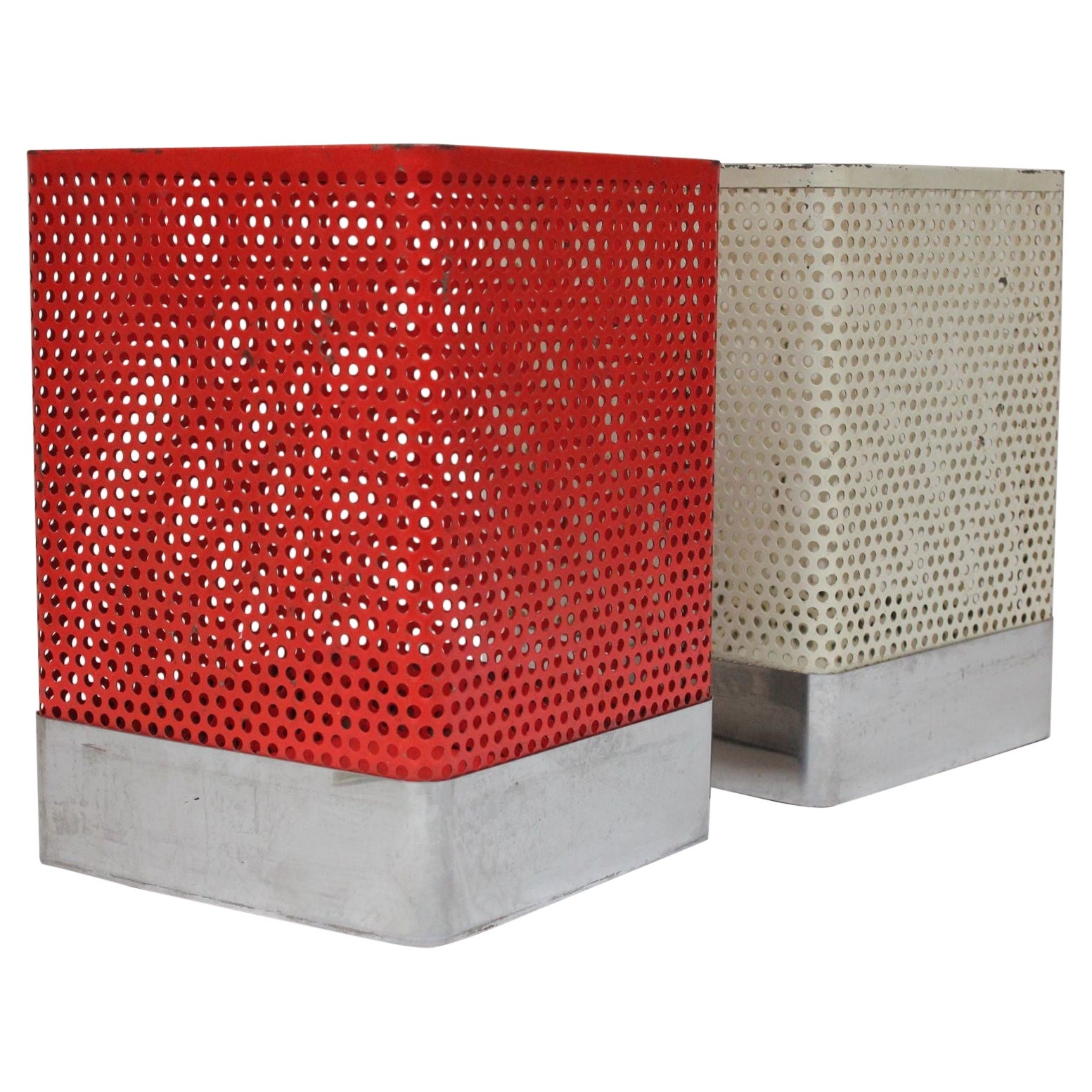 Set of Two Vintage White and Cream Perforated Wastebaskets after Mathieu Matégot For Sale