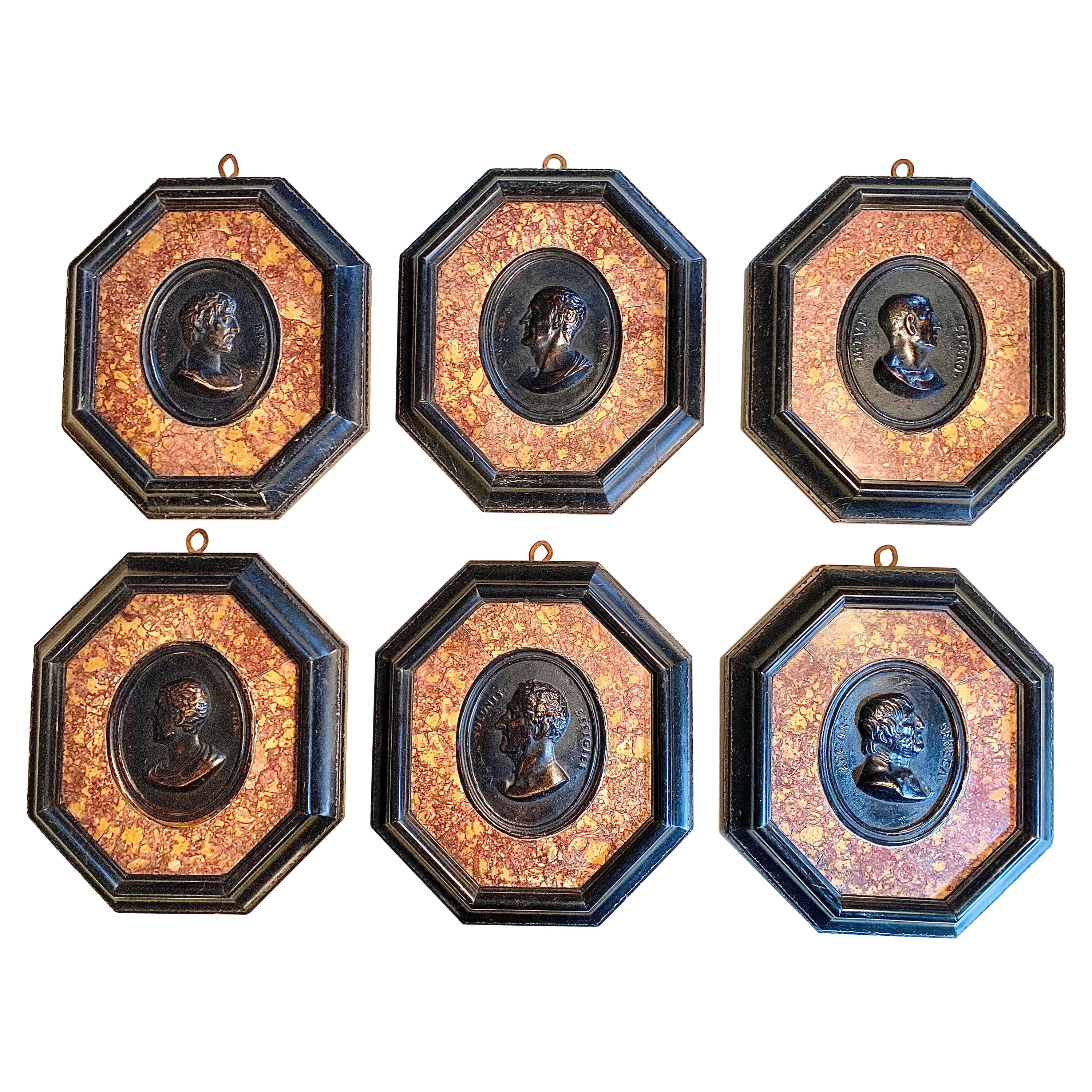 Set Six 19th Century Grand Tour Bronze Portraits Carved Marble Frame For Sale