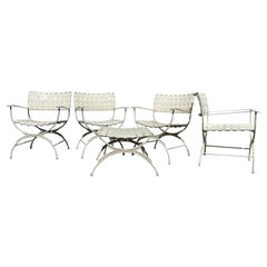 Retro Keller Scroll Aluminum X Base Campaign Director’s Patio Chairs, Set 4 + Ottoman