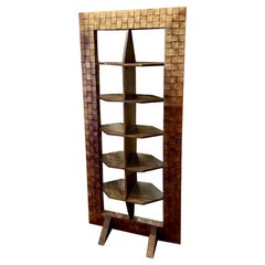 Retro Italian Mid-Century Wood and Leather Shelf