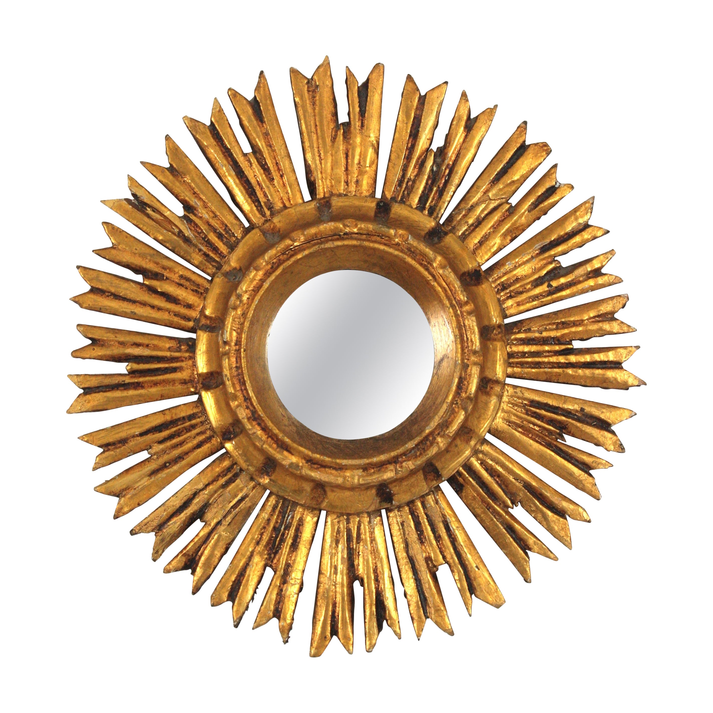 Spanish Baroque Sunburst Giltwood Mirror in Small Scale, 1940s For Sale