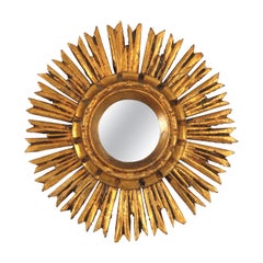 Retro Spanish Baroque Sunburst Giltwood Mirror in Small Scale, 1940s