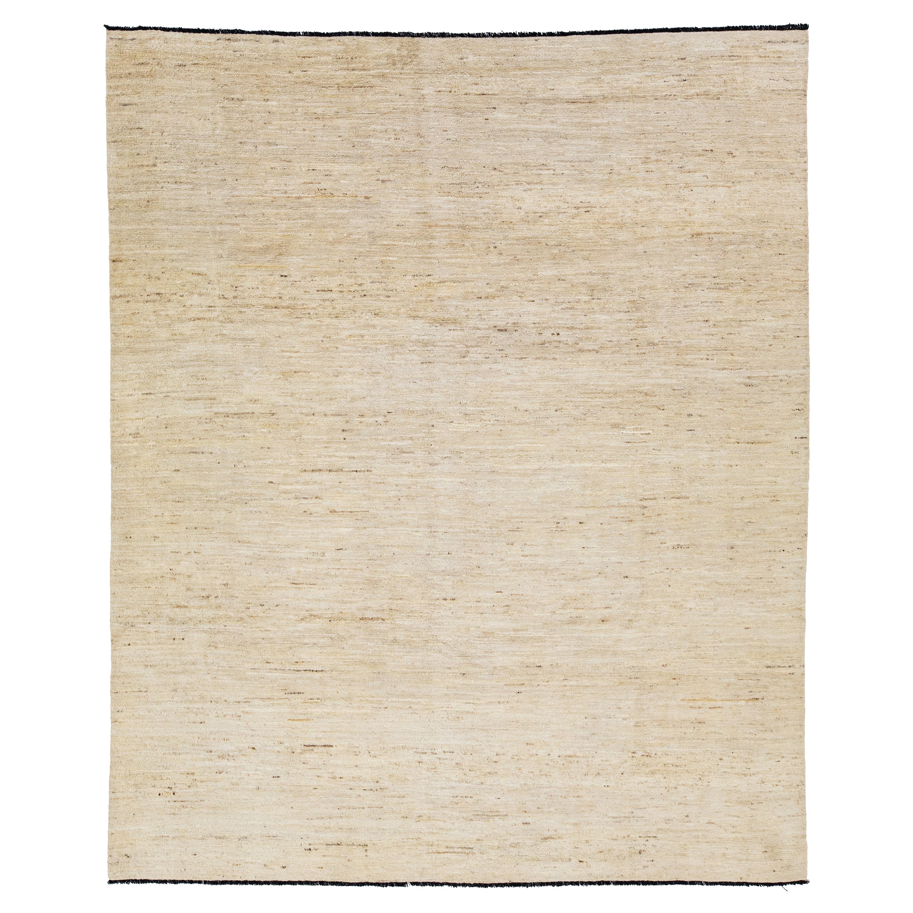 Room Size Modern Gabbeh Style Beige Wool Rug With Solid Motif
