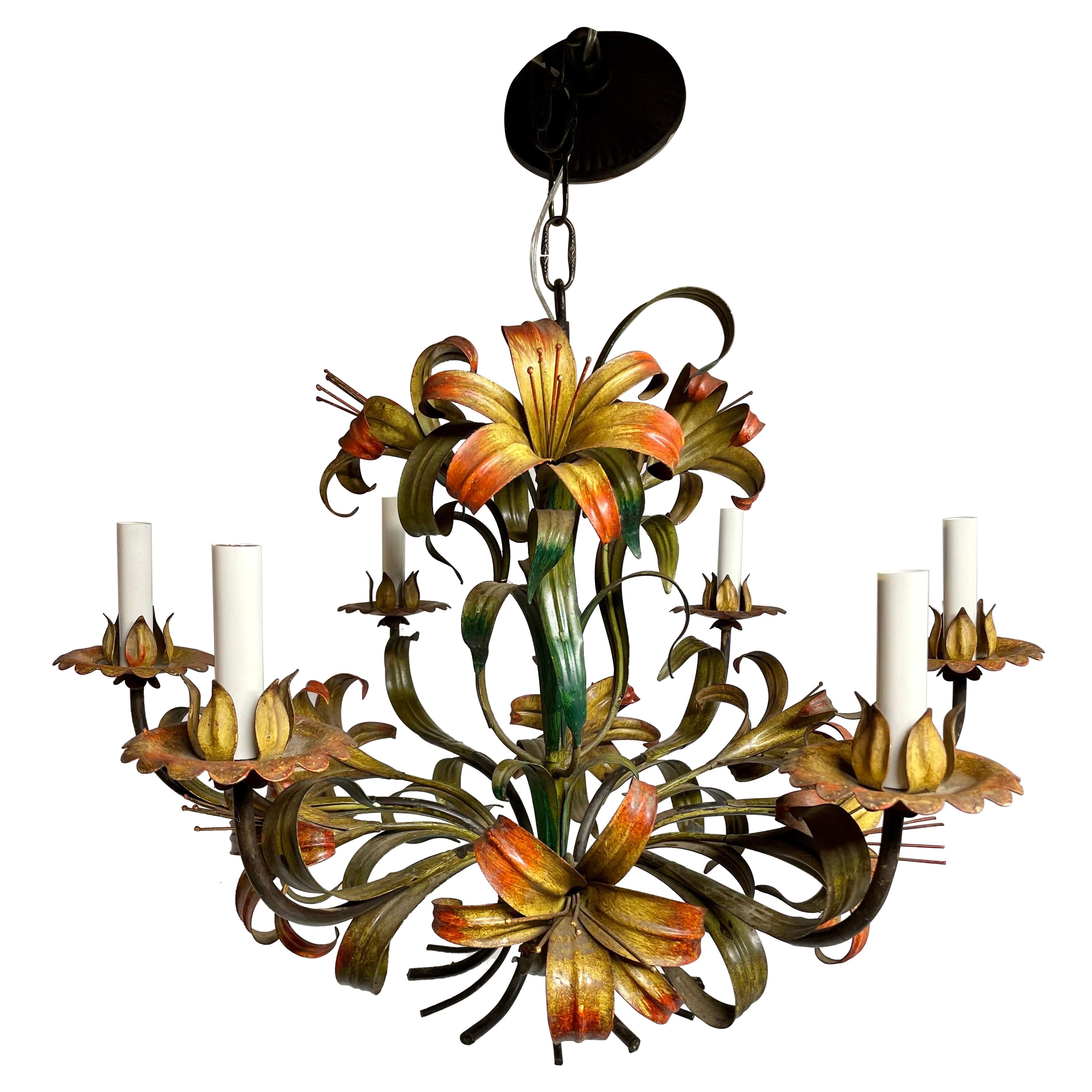 Italian Tole Floral Six Arm Chandelier with Lilies For Sale