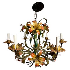 Vintage Italian Tole Floral Six Arm Chandelier with Lilies