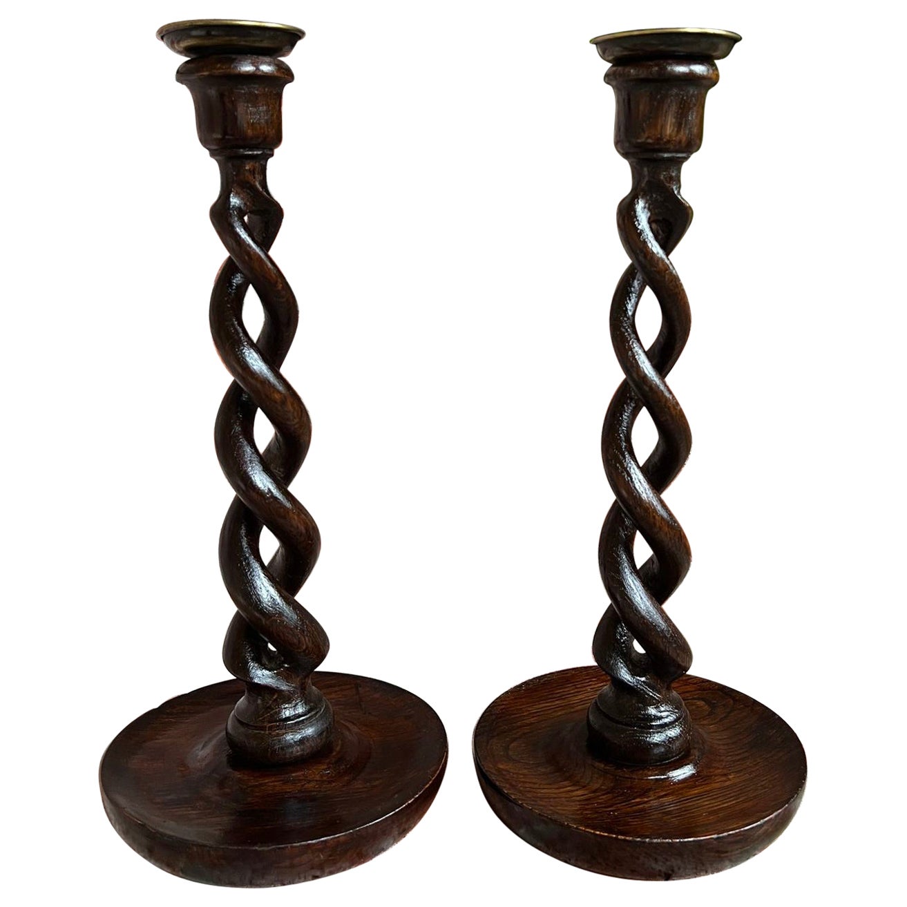 PAIR Set Antique English Oak OPEN Barley Twist Candlesticks Candle Holder Brass