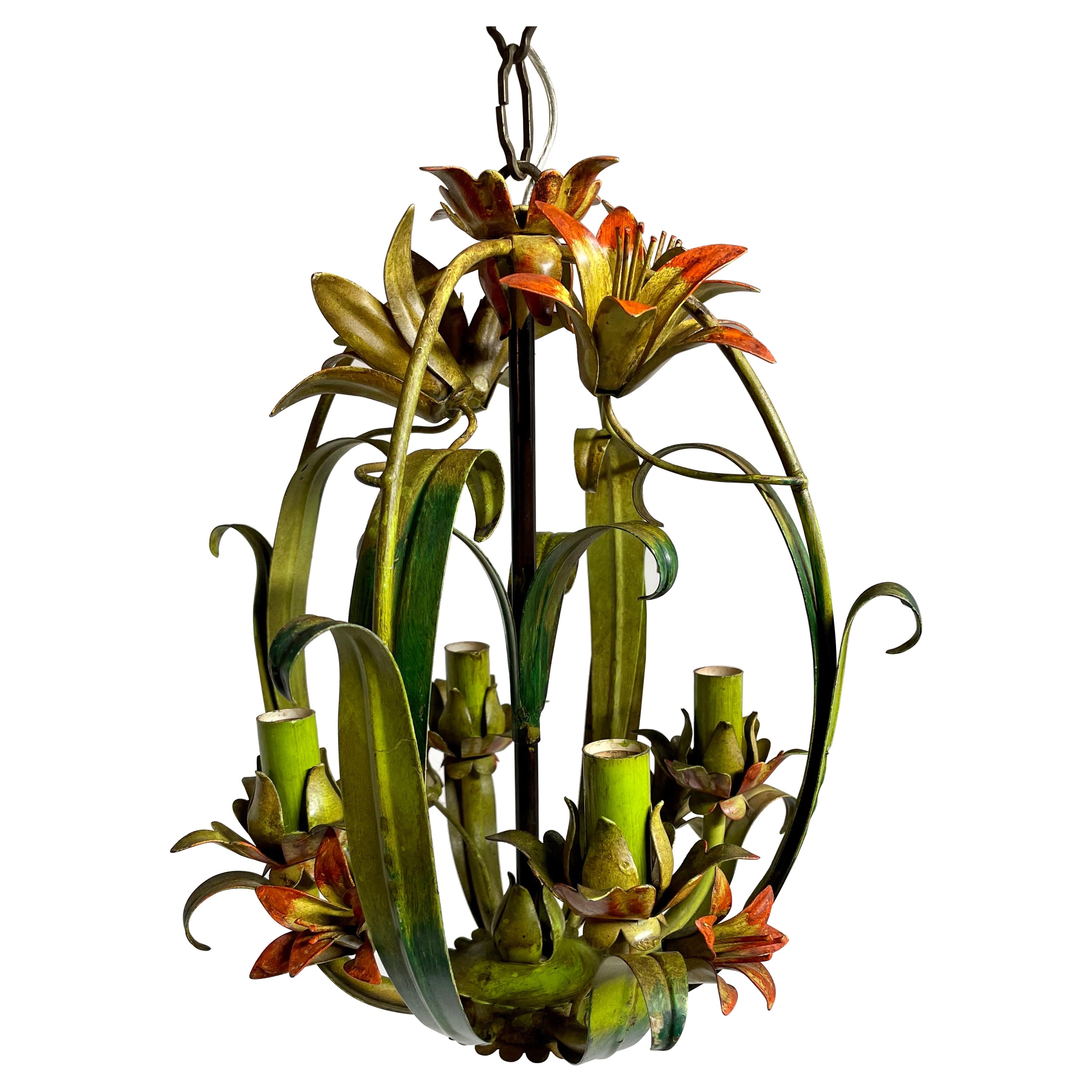 Italian Tole Floral Tole Chandelier with Lilies For Sale