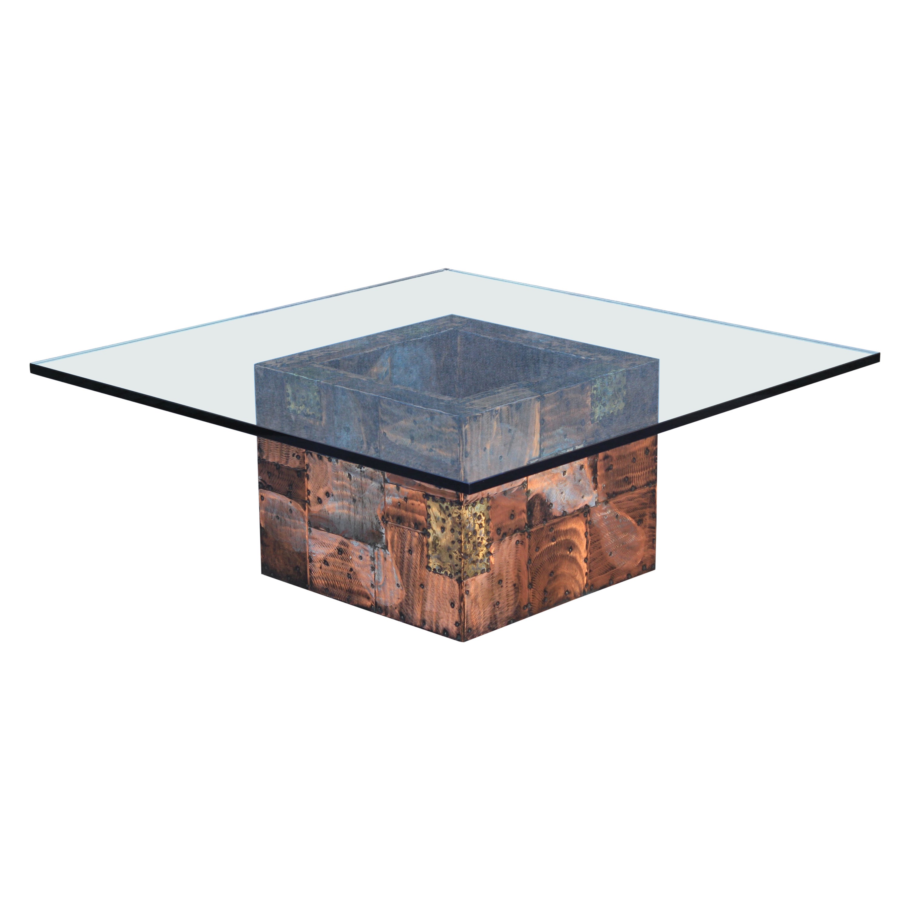 Paul Evans pour Directional Brutalist Patchwork table basse avec verre d'origine