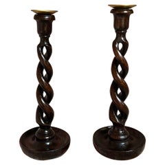 PAIR Set Antique English Oak OPEN Barley Twist Candlesticks Candle Holder Brass