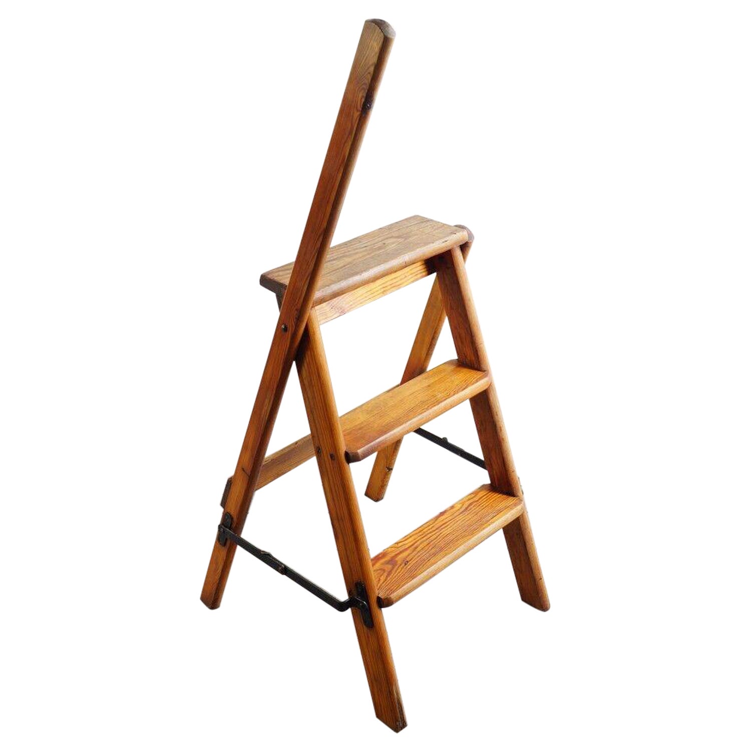 Vintage Pine Library Step Ladder with Gip Pole For Sale