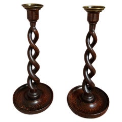 PAIR Set Antique English Oak OPEN Barley Twist Candlesticks Candle Holder Brass