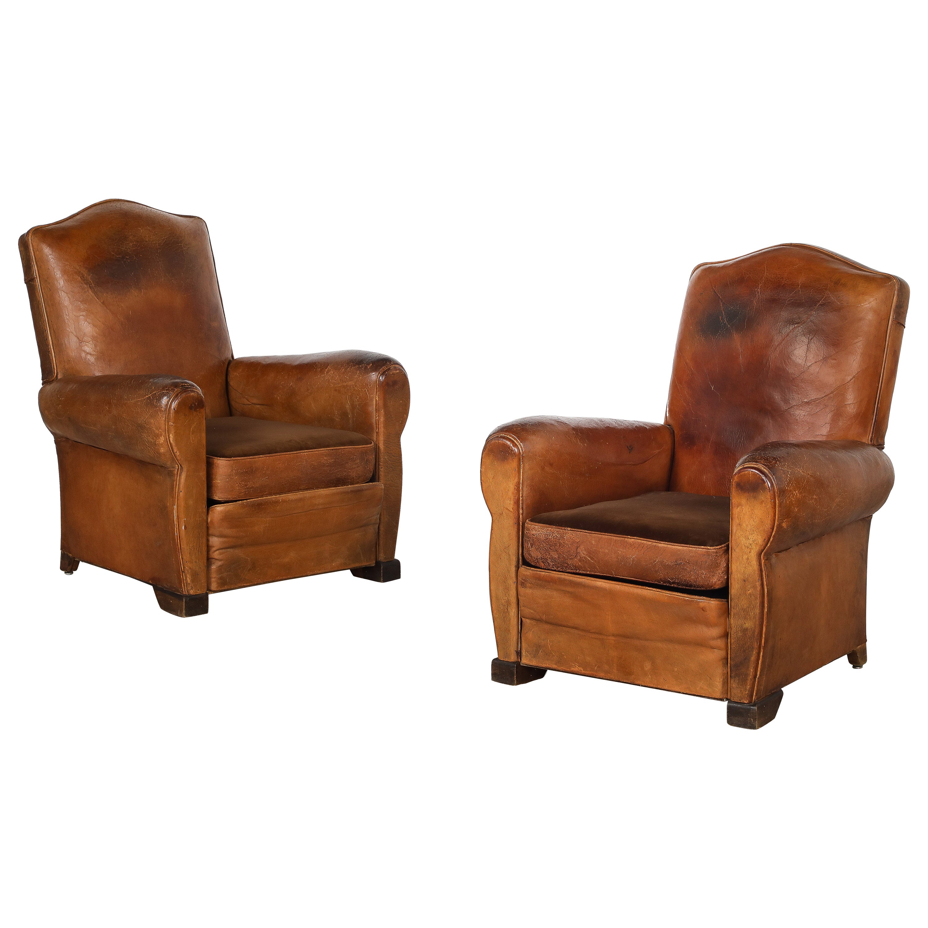 Pair of French 1930's Leather Club Chairs  For Sale