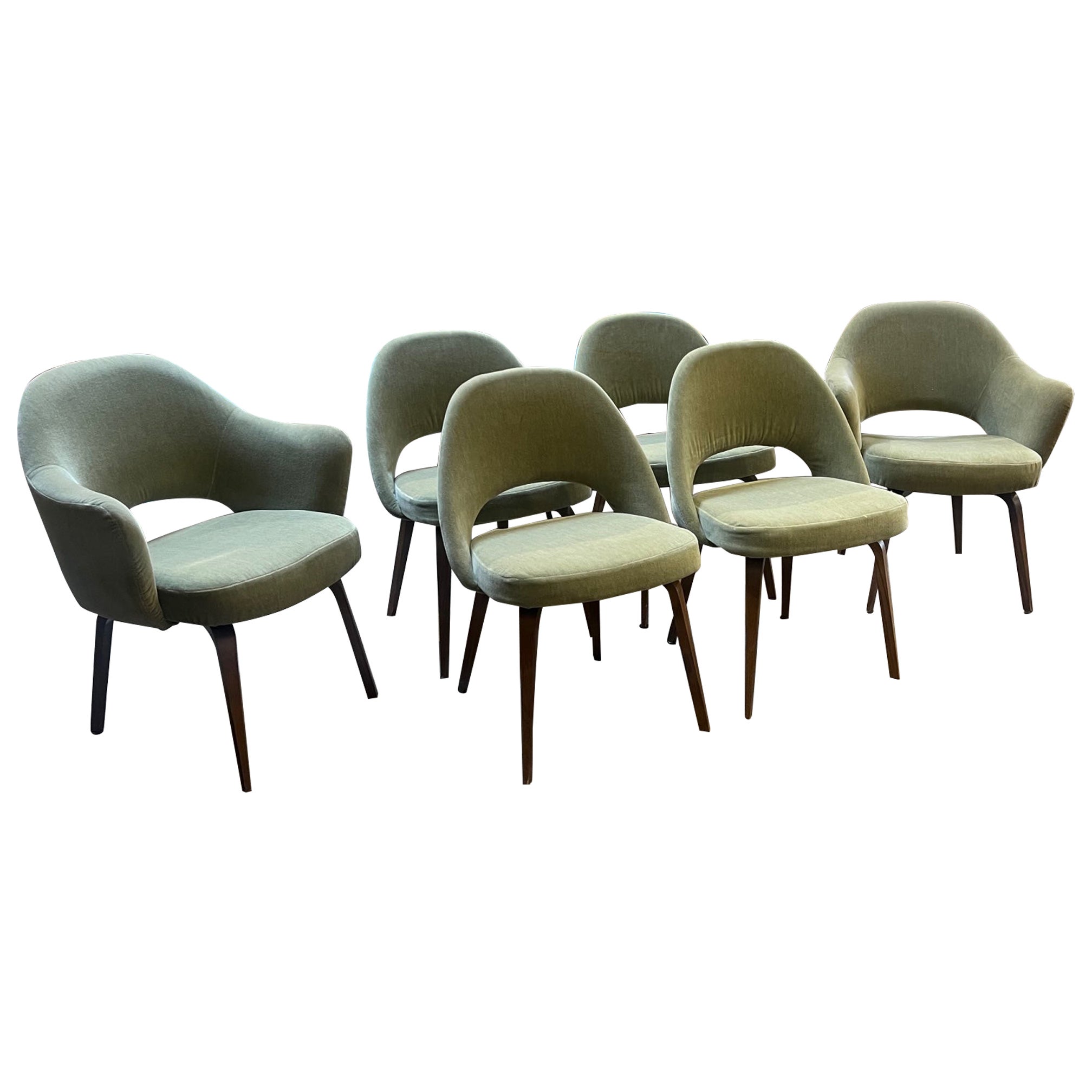 Set of Six Saarinen Velvet Executive Wooden Leg Chairs