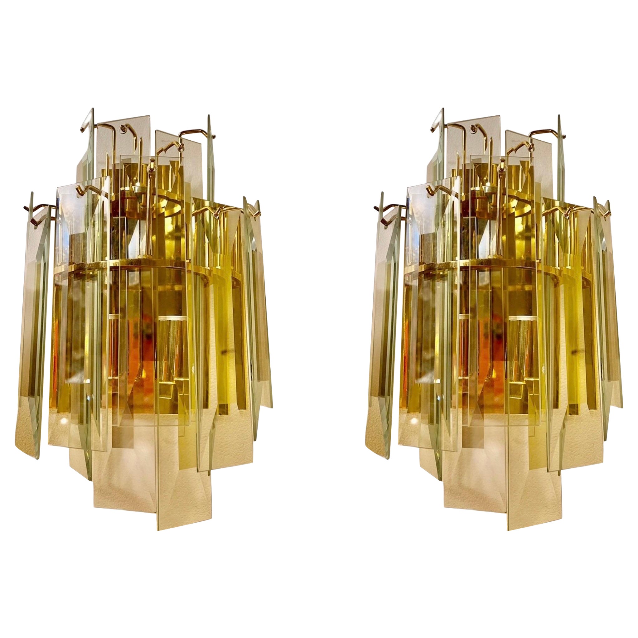 Veca Wall Lighting pair glass and gilt gold stucture, Italy, 1980 For Sale