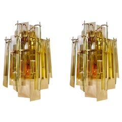 Veca Wall Lighting pair glass and gilt gold stucture, Italy, 1980
