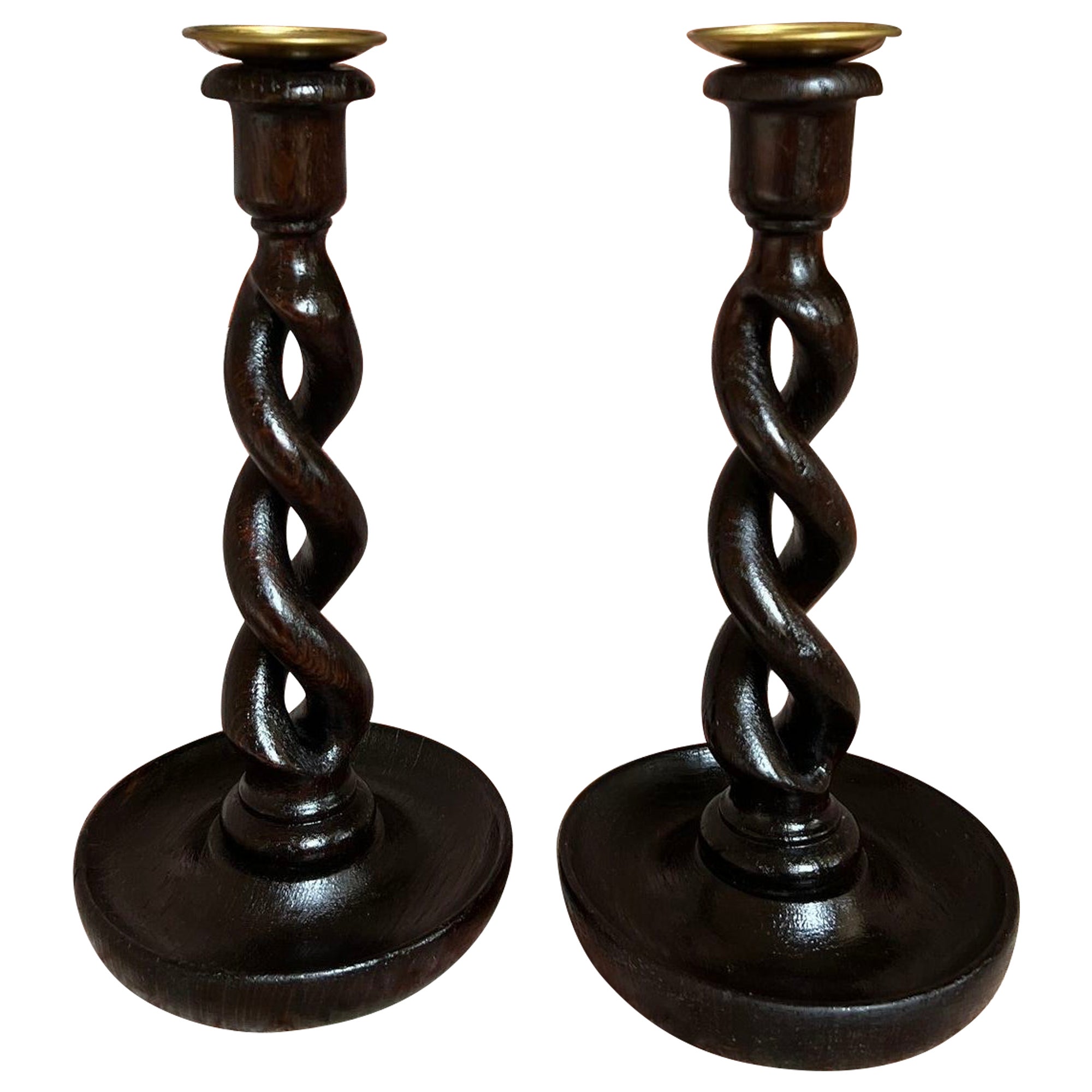 PAIR Set Antique English Oak OPEN Barley Twist Candlesticks Candle Holder Brass For Sale