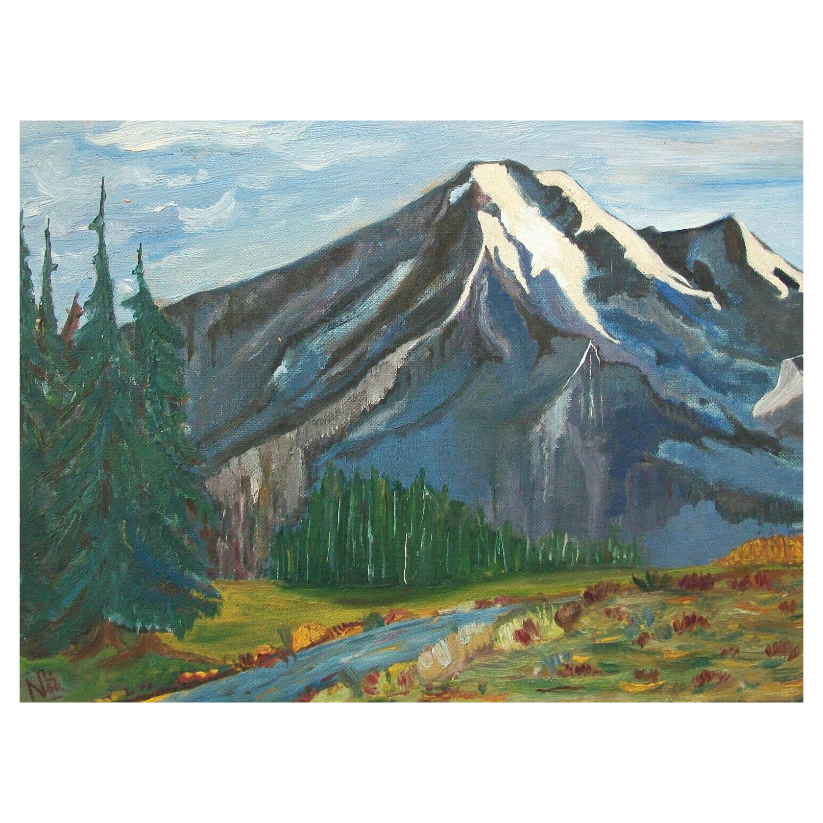 Folk Art Mountain Landscape Painting - Initialed & Dated - Canada - Circa 1956 For Sale