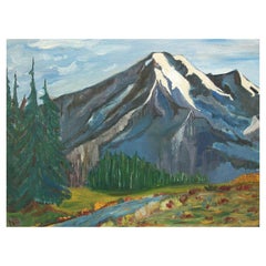 Retro Folk Art Mountain Landscape Painting - Initialed & Dated - Canada - Circa 1956